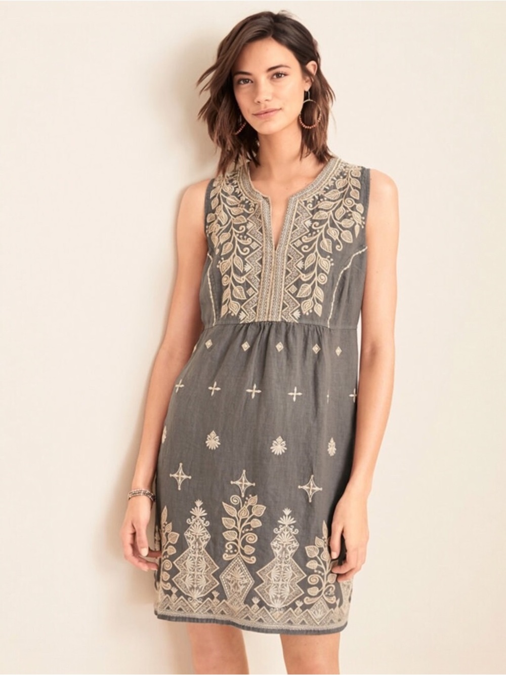Johnny Was LA Tasya Embroidered Linen Tank Dress Gray Tan Boho XS